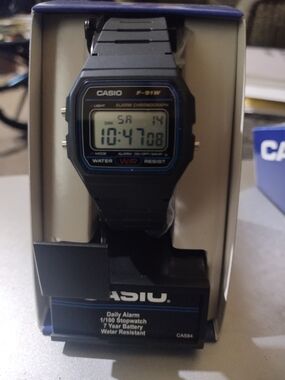 Casio F-91W Digital Watch in Black with Blue Trim